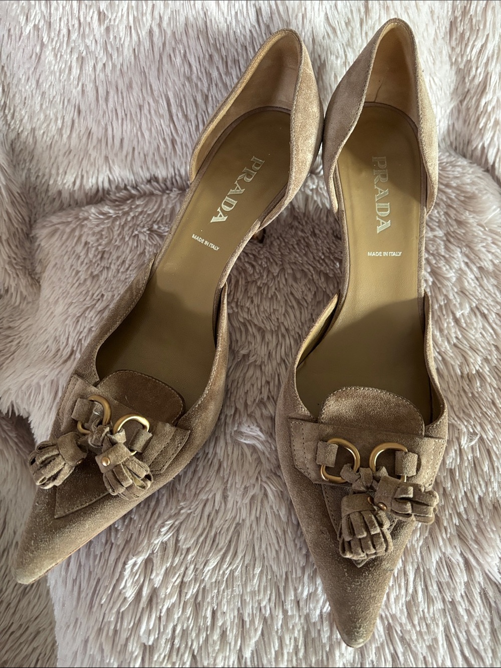 Prada Taupe Suede Pointed-Toe Tassel Heels